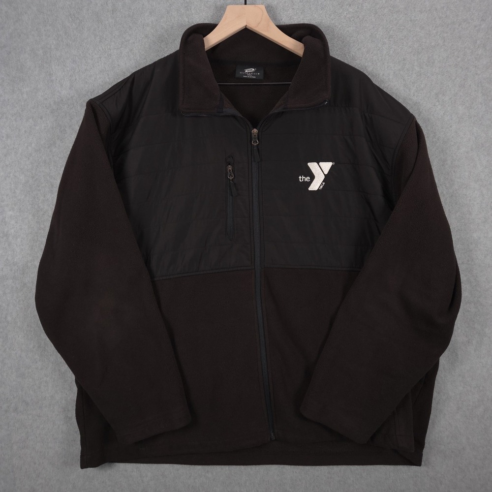 YMCA The Y Mens Size 2XL Black Fleece UltraClub Quilted Yoke Pullover Small Hole